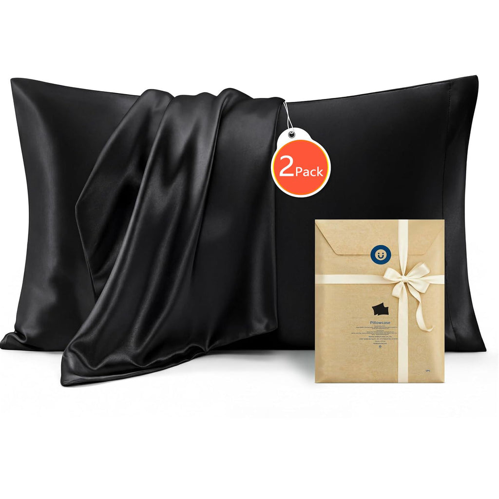 Silk Pillowcase for Hair and Skin Mulberry Silk Pillowcase Soft Breathable Smooth Both Sided Natural Silk Pillowcase with Envelope pocket Beauty Sleep Silk Pillow Case for Gift (2 Pack, Standard, Black)